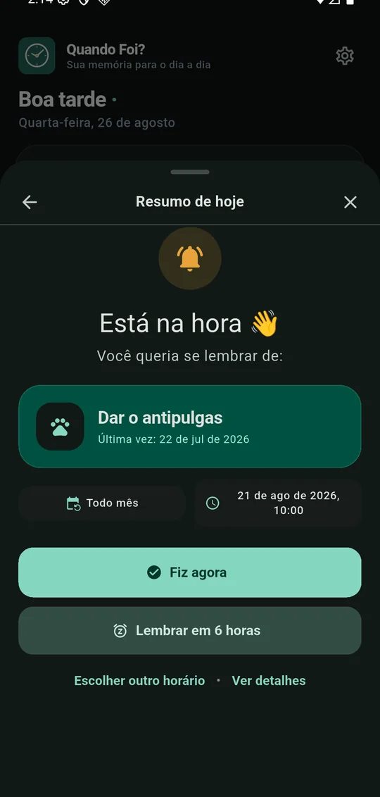 Lembrete do aplicativo com ações para concluir ou adiar