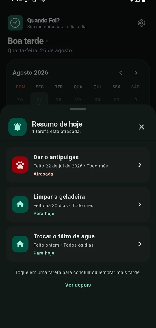 Resumo diário com tarefas atrasadas e previstas para hoje